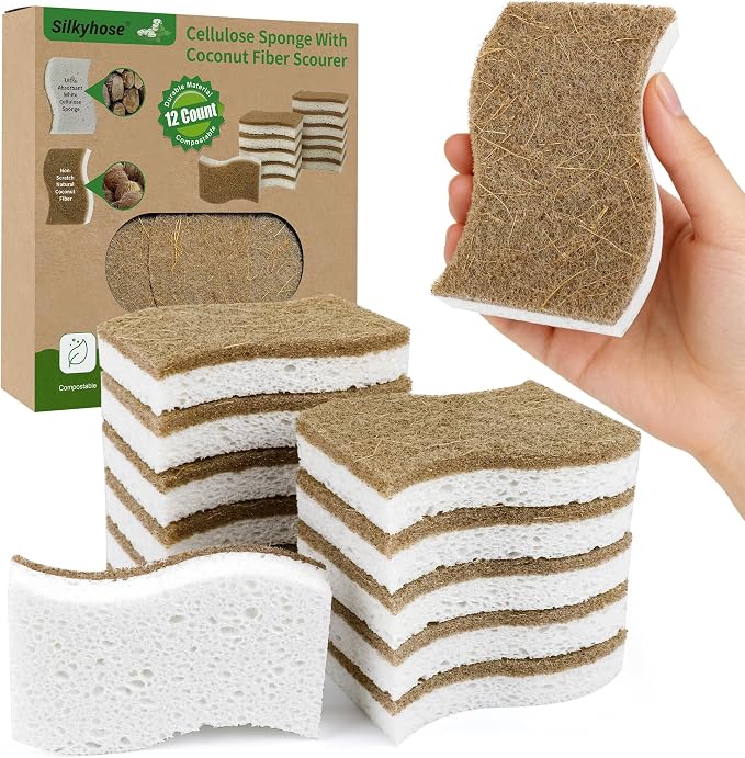 Natural Kitchen Sponges, Biodegradable & Compostable | Non-Scratch Cellulose Coconut Fiber Sponges for Dishes, Pots & Pans | Eco-Friendly Cleaning Sponge (12)