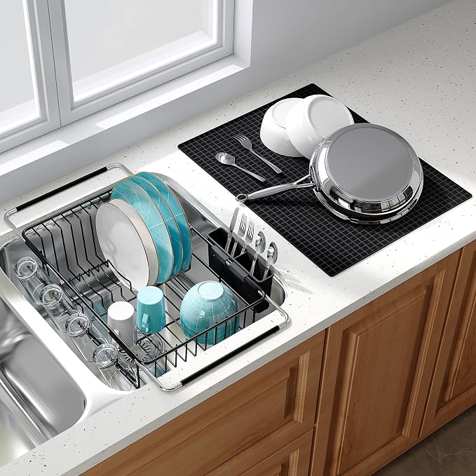 JASIWAY Black Dish Drying Rack in Sink with Mat, Expandable Stainless Steel Dish Drainers for Kitchen Counter, Space Saving Dish Dryer for Inside Sink, Over Sink Dish Racks with Utensil Holder