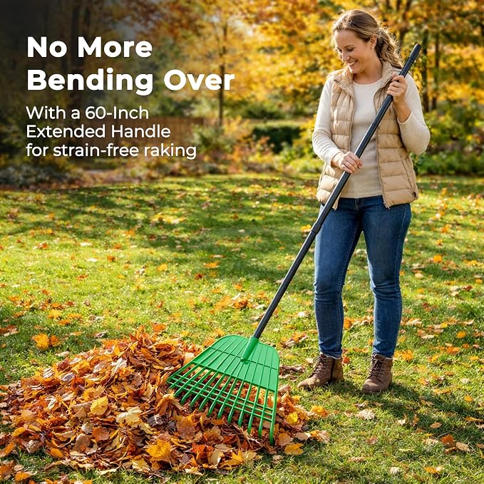 Gardzen Plastic Rake for Leaves and Hand Scoops Set | 67 inch Adjustable Long Handle, Crack Resistant Modified PE Rake, Comes with Wrist Pads, 72 Gallon Bag, Gloves
