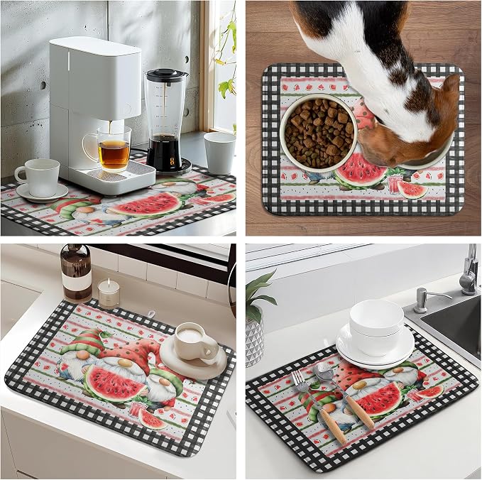 Summer Gnomes Dish Drying Mat Watermelon Buffalo Plaid Large Kitchen Dish Drying Pad Absorbent Drying Mat for Countertops Dish Dryer Mat Microfiber Dishes Drainer Pad Dish Drying Rack Mat 18x24 in