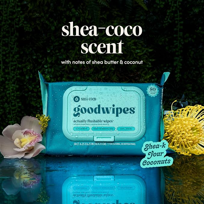 goodwipes Flushable Wipes - Shea-Coco Wet Wipes for Adults, Sewer & Septic Safe, Guest Bathroom Essentials for Women & Men, pH Balanced & Extra Large, 153 Count (3 Packs and 3 Singles)