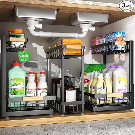 Sevenblue 3 Pack Under Sink Organizer, Height Adjustable 2 Tier Pull-Out Metal Under Kitchen Sink Organizer, Multi-Purpose Storage Shelves for Kitchen Bathroom Cabinet, Black