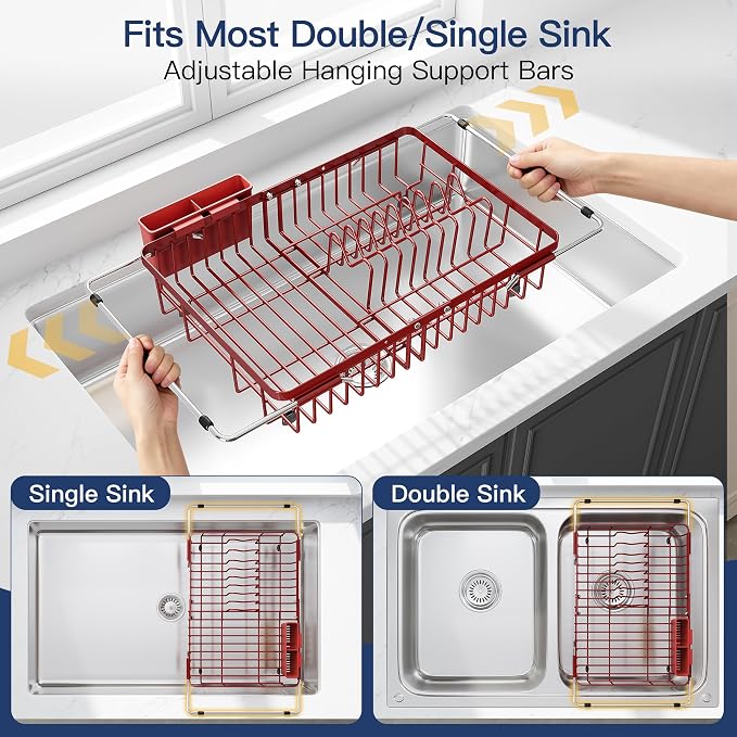 JASIWAY Expandable Stainless Steel Red Dish Drying Rack Over The Sink for Small Kitchen, Counter Space Saving Compact Plate Drainer Strainer, Adjustable Hanging Metal Dish Dryer with Utensil Holder