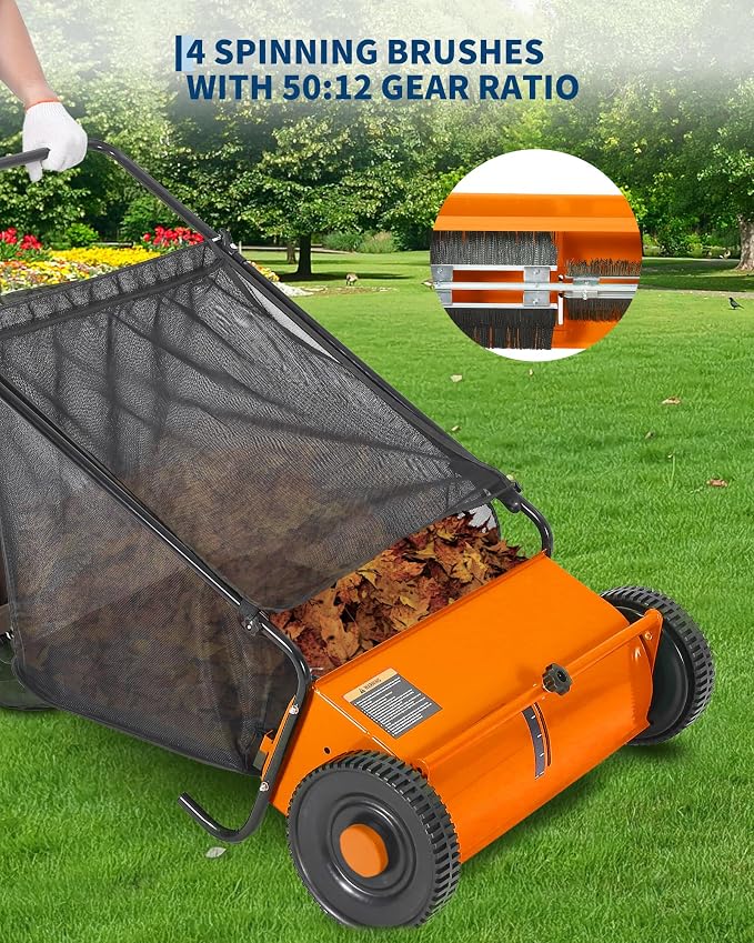 Garvee 26" Push Lawn Sweeper, Heavy Duty Walk Behind Leaf Collector | Yard Sweeper for Outdoor, Patio, Driveway, Garden Grass Sweepers, 4 High Speed Spinning Brush, 7 Cu. ft Hopper Capacity