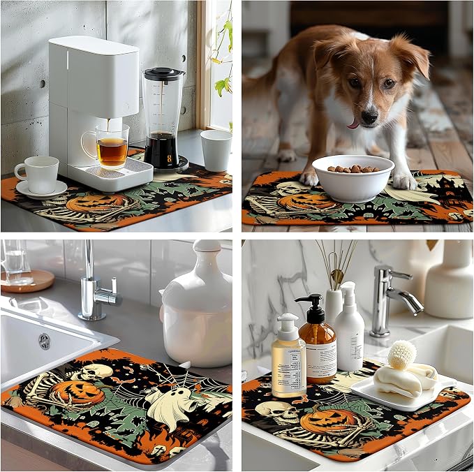 Halloween Ghost Skeleton Dish Drying Mat for Kitchen Counter 16x18 Spooky Skull Pumpkin Bat Fall Dish Mat Orange Black Holiday Dishes Drying Pad Absorbent Microfiber Dish Drainer Mats