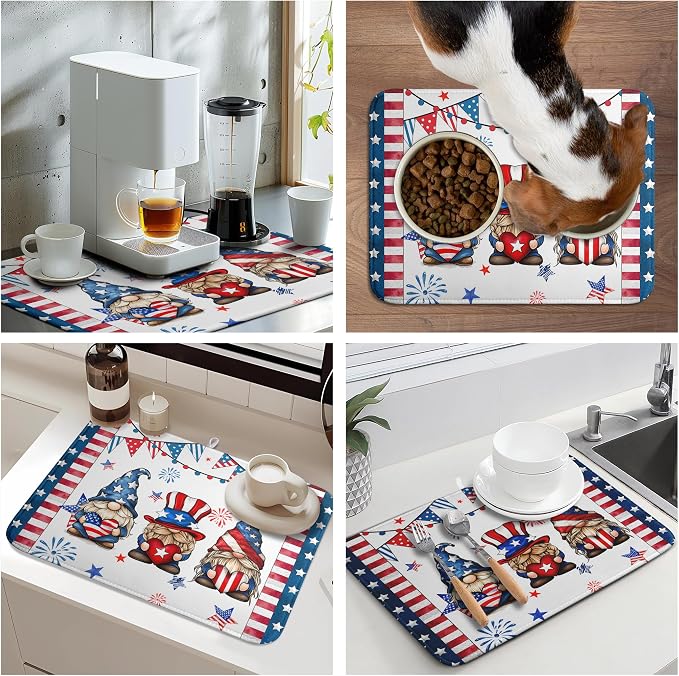 4th of July Gnomes Dish Drying Mat Patriotic Gnome Large Kitchen Mat Dish Drying Pad Absorbent Dish Dryer Mat for Kitchen Countertops Microfiber Drainer Pad Dish Drying Rack Mat (18x24 in)