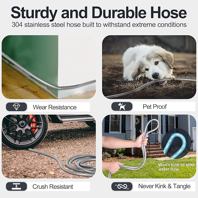 SPECILITE 50ft 304 Stainless Steel Metal Garden Hose with Nozzle | Puncture Resistant, Flexible, Never Kink & Tangle, Heavy Duty Water Hose for Yard , Outdoor, Lawn
