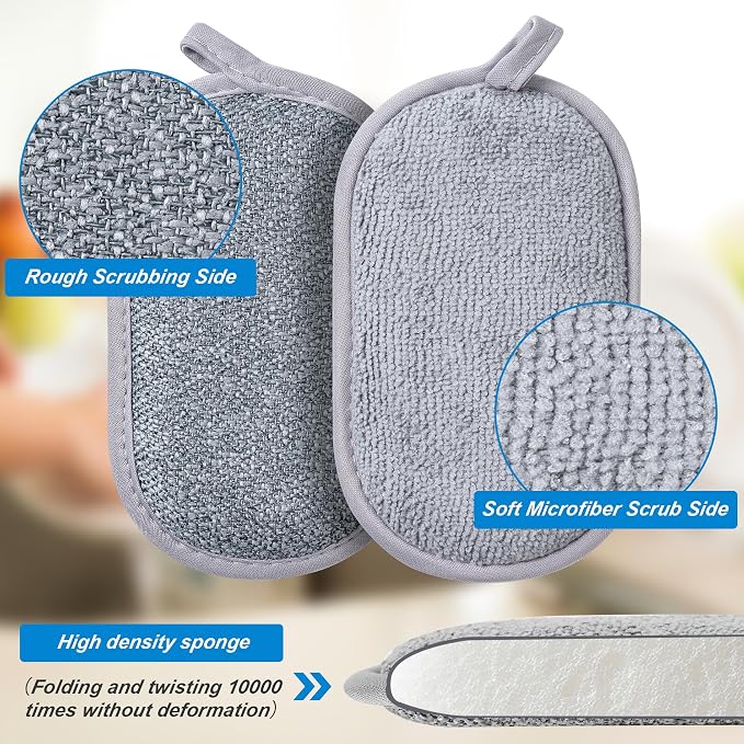 Dual-Sided Multi-Purpose Scrub Sponges, Non-Scratch Dishwashing Sponges for Kitchen, Reusable Microfiber Sponge for Efficiently Cleaning Dishes, High Density Sponge Inside (6 Pack, Medium) Gray