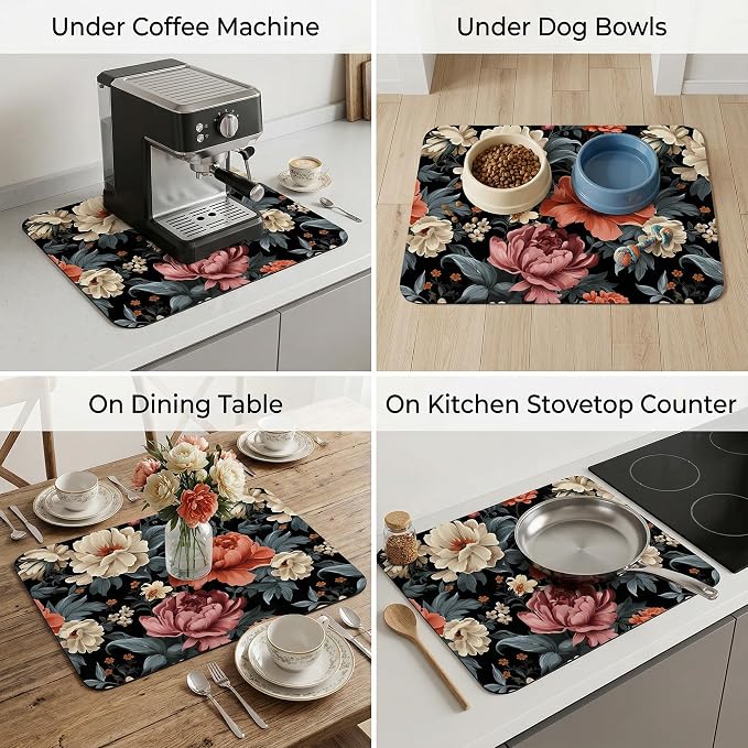 Floral Dish Drying Mat for Kitchen Counter Sink, Vintage Flower Absorbent Microfiber Pad, Reversible Washable Countertop Mat for Home Decor