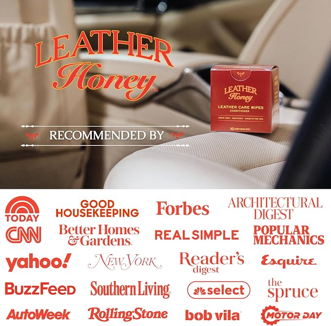 Leather Honey Conditioner Wipes – Restore Leather On-The-Go, 10 Wipes | Non-toxic, trusted since 1968 & made in the USA. Protect & condition any color leather – couches, car seats, shoes & bags.