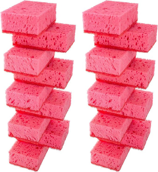 Pink Multi Use Scrub Sponges. Made in Europe. 18 Pack, 4.3x2.8x1.4 inches. Odorless Heavy Duty & Non Scratch Fiber. Durable and Delicate Scrubber for Kitchen & Bathroom, Housekeeping & Outdoors