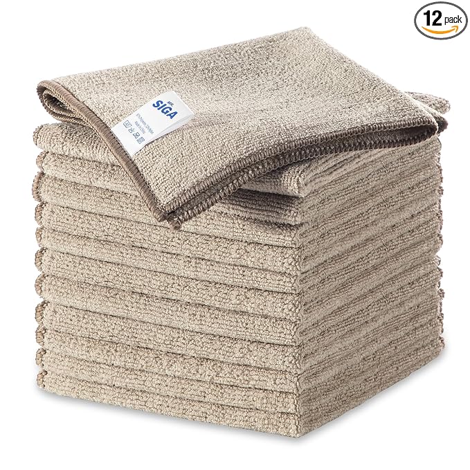 MR.SIGA Microfiber Cleaning Cloths, Streak Free Microfiber Towels, 12 Pack | All-purpose microfiber cloths, ultra absorbent, reusable household cleaning towels, Wheat, 32 x 32 cm(12.6 x 12.6 inch)