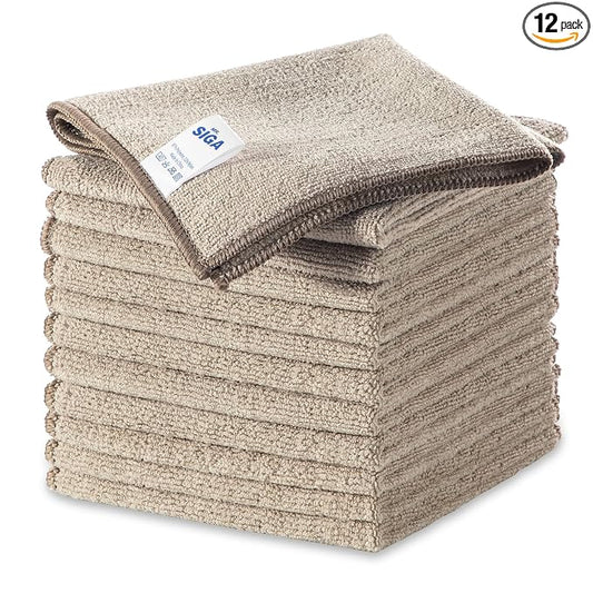 MR.SIGA Microfiber Cleaning Cloths, Streak Free Microfiber Towels, 12 Pack | All-purpose microfiber cloths, ultra absorbent, reusable household cleaning towels, Wheat, 32 x 32 cm(12.6 x 12.6 inch)