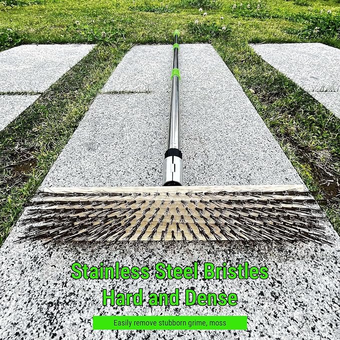 Hyuduo Stainless Steel Wire Scrub Brush, 80-120cm Telescopic Handle with Dense Hard Steel, for Deck Concrete Patio Floor Outdoor Indoor Moss Removal