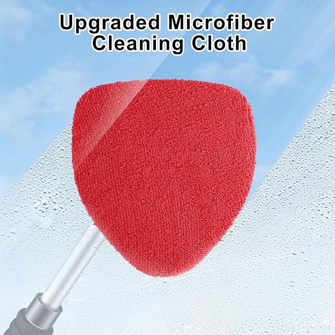 JUSTTOP Windshield Cleaner Tool, Car Interior and Exterior Window Cleaning Kit with Extendable Handle & 4 Reusable Microfiber Pads, Auto Glass Wiper Brush Kit for Car & Home Windows (Red)