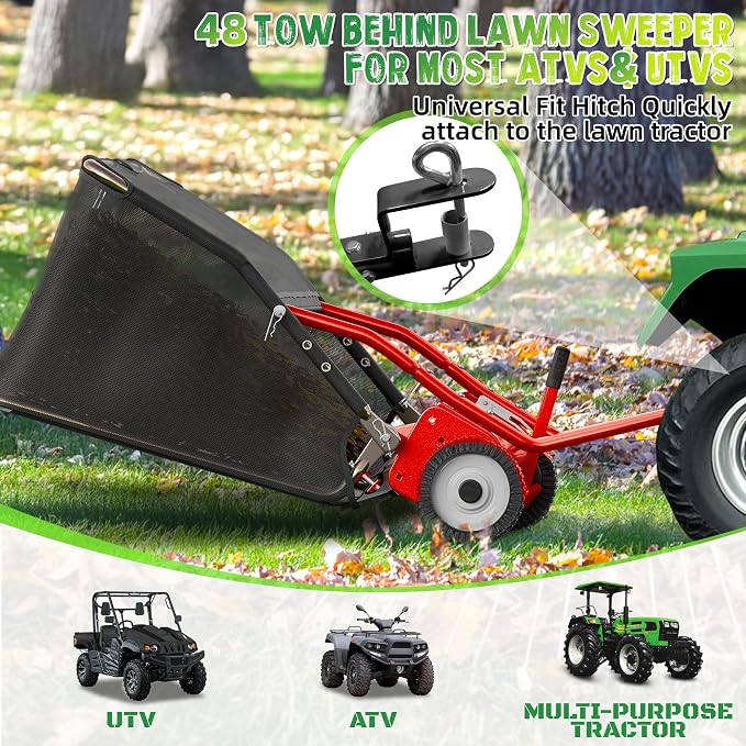 48" Lawn Sweeper Tow Behind - Pull Behind Grass Sweeper with 25.16 cu. ft Large Hopper, Heavy Duty Leaf & Grass Collector, Adjustable Brush Height Lever and Dumping Rope, Lawn and Yard Cleanup Tool