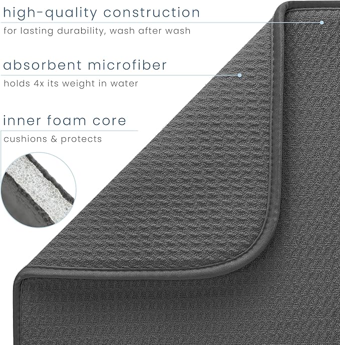 S&T INC. Dish Drying Mat, 2 Pack, 16" x 18", Large, Grey and Grey Trellis | Absorbent Microfiber, 2PK Kitchen Counter Mat for Dishes, Utensils, Pots and Pans, Machine Washable