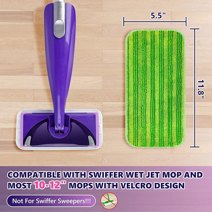 Reusable Mop Pads Compatible with Swiffer Wet Jet, Wet Jet Pads Refills for Swiffer Mop, Microfiber Replacement Pads for Hardwood Floor Cleaning, Dry Wet Mopping Cloths for 12" Wet Jet Refill, 6 Pack
