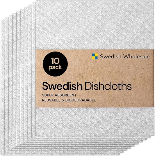 Swedish Wholesale Dishcloths Reusable 8" x 7" Sponge Cloths, Bulk 10 Pack of High Absorbent Cellulose Dish & Kitchen Cleaning Hand Towels, Wring to Dry & Machine Wash, Odor Resistant, White