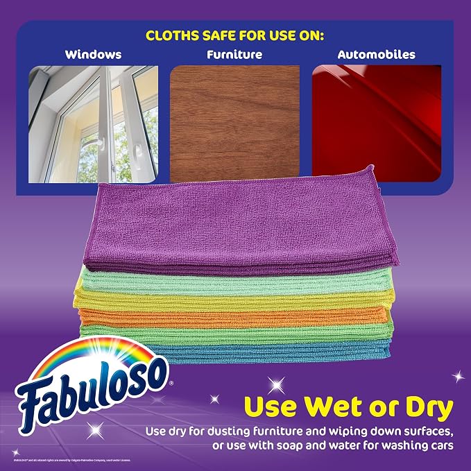 Fabuloso Microfiber Cleaning Cloths for Home & Car, Lint-Free Scratch-Free Rags for Glass, Kitchen & Wood, Reusable Machine Washable, Absorbent for Dusting & Wiping, Rainbow, 13 x 13 in, 12 Count