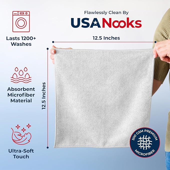 USANOOKS Microfiber Cleaning Cloth - White - 12Pcs (12.5x12.5 inch) High Performance - 1200 Washes, Ultra Absorbent Car Towel Traps Grime & Liquid for Streak-Free Mirror Shine - Car Washing Cloth