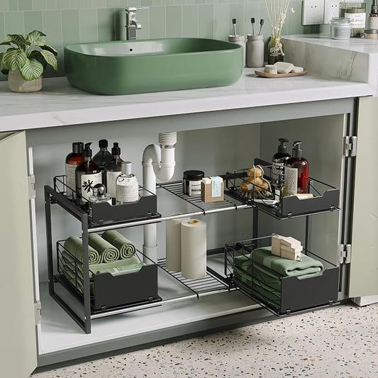 NETEL Adjustable Under Sink Organizers and Storage,Expandable Cabinet Storage Shelf with 4 Pull Out Baskets