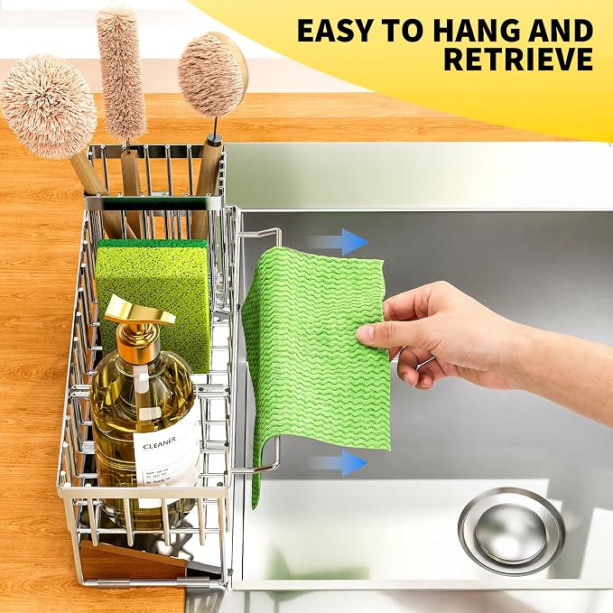 Cisily Kitchen Sink Caddy Organzier with High Brush Holder, Sponge Holder for Sink, 304 Rustproof Stainless, Kitchen Countertop Soap Dispenser Organizer (Silver With Towel Rack, 9.25″)