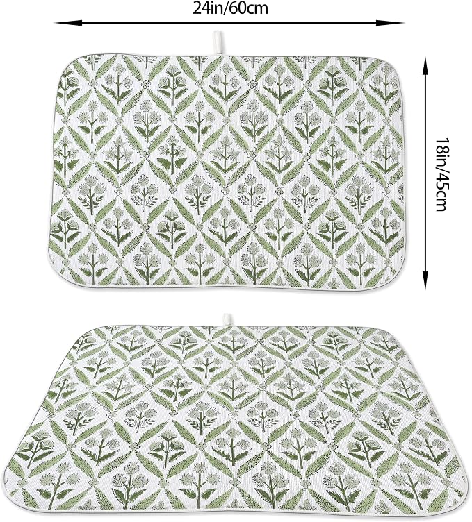 Boho Dish Drying Mat 18x24 Inches For Kitchen Counter Block Print Green Floral Kitchen Decoration Drying Mat Modern Decorative Flower Drying Pad Mat for Home Kitchen Decor,Dining Room,Office