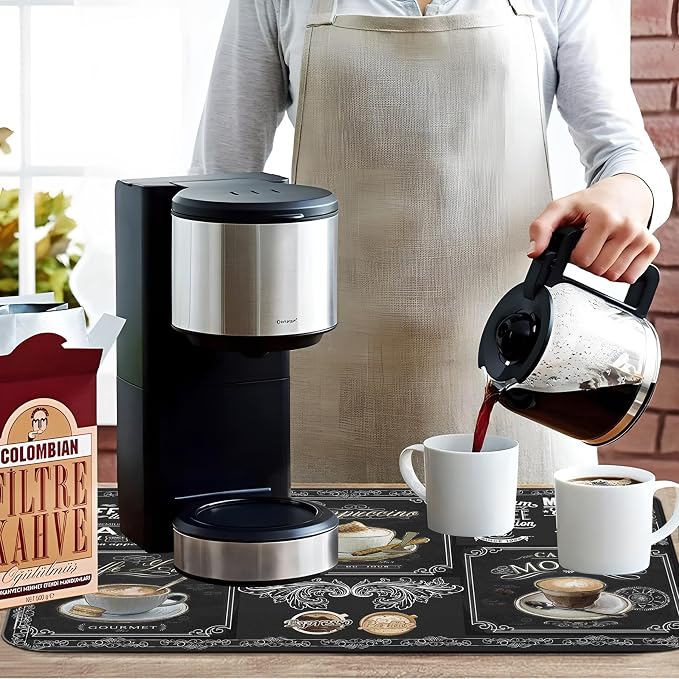Fun Coffee Bar Mat, 19inx12in, Absorbent, Anti-Slip, Fits Under Coffee Machine