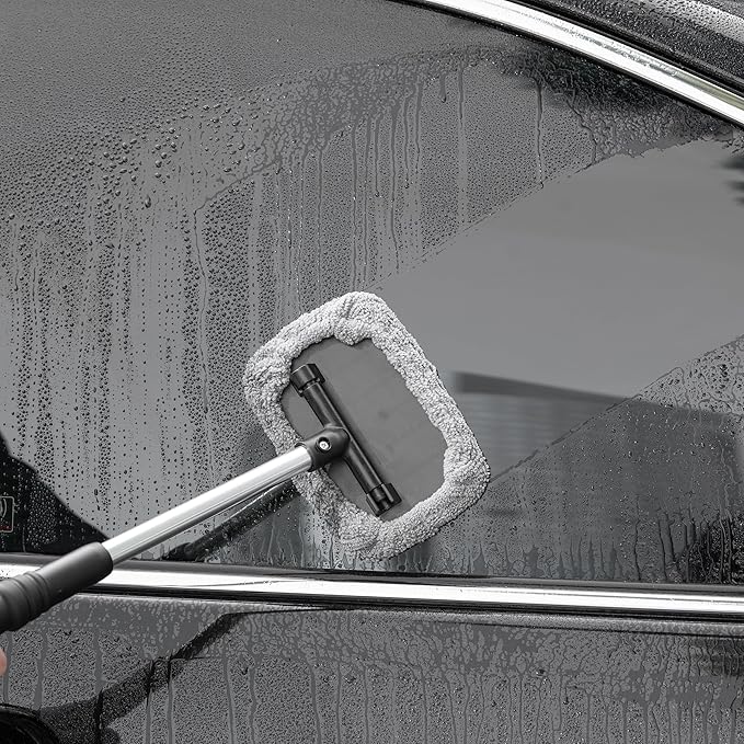 POLYTE Pivoting Windshield Glass Cleaning Tool Extendable Aluminum Handle | 3-Lint Free Microfiber Covers, Spray Bottle, Mesh Bag