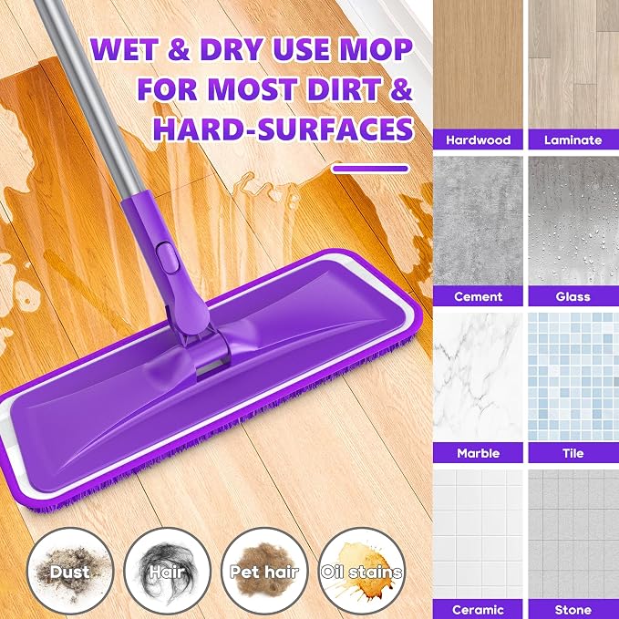 BPAWA Microfiber Mops for Floor Cleaning: Flat Mop for Wood Tile Laminate | 4 Washable Pads fit for Swiffer PowerMop, 59" Adjustable Handle, Dry & Wet Mopping Home Kitchen Hardwood Vinyl Multi-surfaces