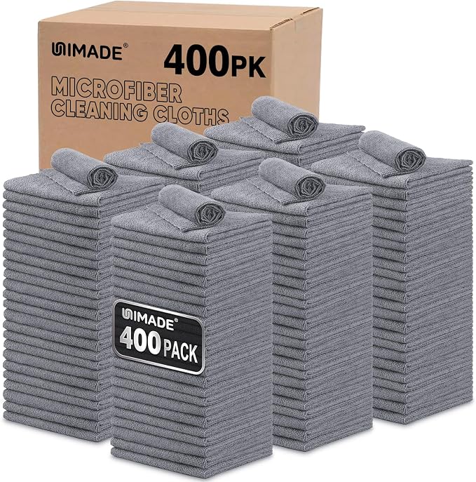 UNIMADE Microfiber Cleaning Cloth, 400 Pack Microfiber Towels for Cars Commercial Grade Work Rags Bulk Detailing Cloth for Automotive Bar Mechanic Restaurant Garage Housekeeping, 11.5"x 11.5", Grey