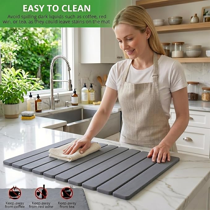 Stone Drying Mat for Kitchen Counter 16x24 Inch, Diatomaceous Dish Drying Mat with Towel Sanding Tool, Fast-Absorbing Quick-Dry Non-Slip Sink Tray ( Grey )
