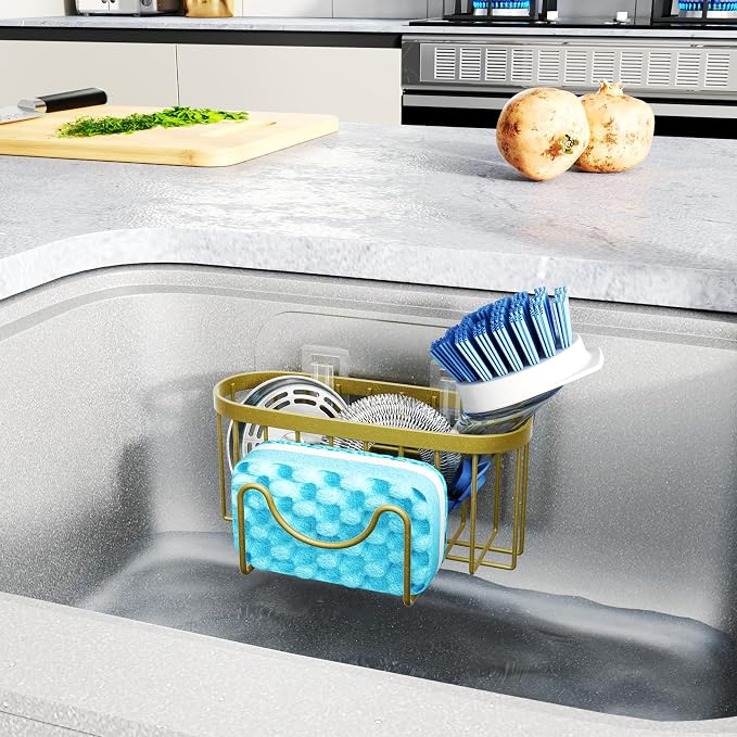 HapiRm Sponge Holder for Kitchen Sink - Unique M-Shaped Sink Caddy | Multifunctional, 2 Installation Ways, Rustproof Stainless Steel Kitchen Organizers and Storage Essentials, Dark Gold