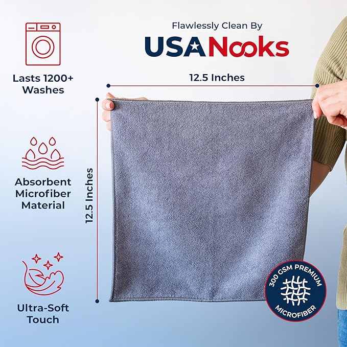 USANOOKS Microfiber Cleaning Cloth Grey - 24 Pcs (12.5"x12.5") - High Performance - 1200 Washes, Ultra Absorbent Microfiber Towel Weave Grime & Liquid for Streak-Free Mirror Shine - Car Washing Cloth