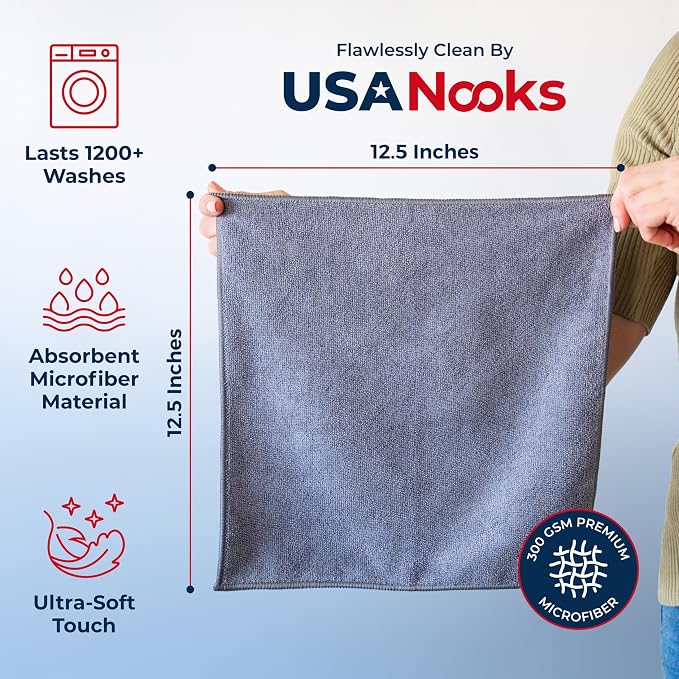 USANOOKS Microfiber Cleaning Cloth Grey - 12 Pcs (12.5"x12.5") - High Performance - 1200 Washes, Ultra Absorbent Microfiber Towel Weave Grime & Liquid for Streak-Free Mirror Shine - Car Washing Cloth