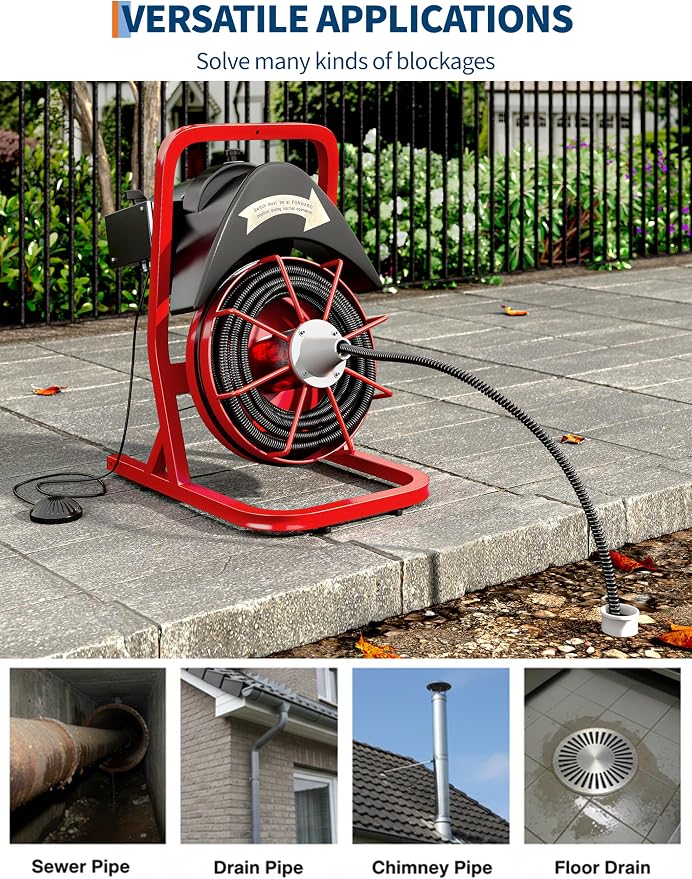 Garvee Drain Cleaner Machine 75FT x 1/2 Inch Steel Core Cable Portable 370W Electric Drain Cleaning Machine With Sewer Auger, Cutter, Air-activated Foot Switch, for Commercial, Home | Durable steel cable , 370W motor, auto-feed, foot switch, portable w...