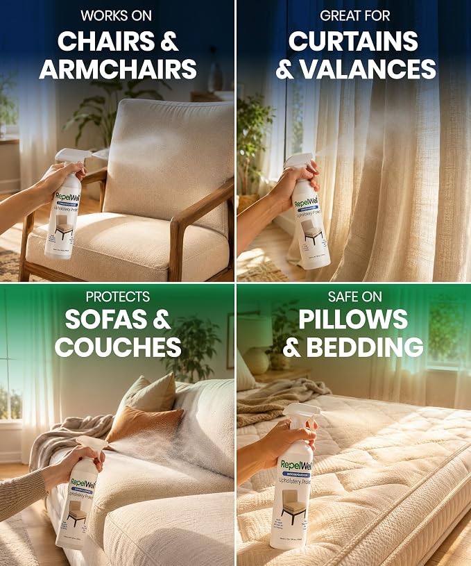 RepelWell Non Toxic Fabric Protector Spray for Upholstery & Furniture,12 oz | Helps repel water, coffee, wine, food, dirt and everyday spills from upholstery.