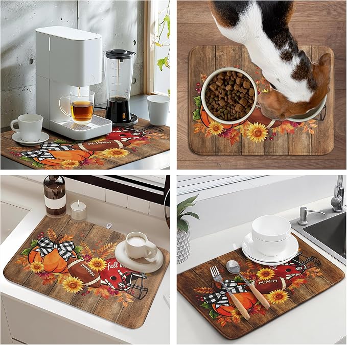 Fall Pumpkin Dish Drying Mats Thanksgiving Dish Mat Football Wood Drying Matt Dishes Dryer Pad for Kitchen Counter Absorbent Microfiber Washable Foldable Reusable 18x24 in