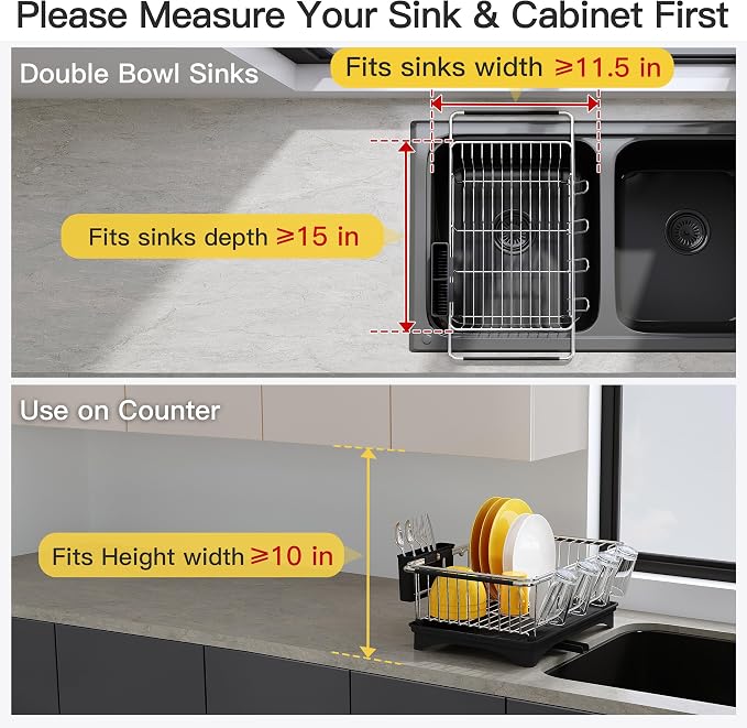JASIWAY Sink Dish Drying Rack with Drainboard, Expandable Stainless Steel Dish Drainers for Kitchen Counter, Space Saving Dish Dryer Rack, Over The Sink Dish Racks with Utensil Holder, Silver