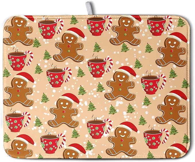 Cute Gingerbread Man Xmas Dish Drying Mat, Absorbent Dish Pad, 18x24 inch
