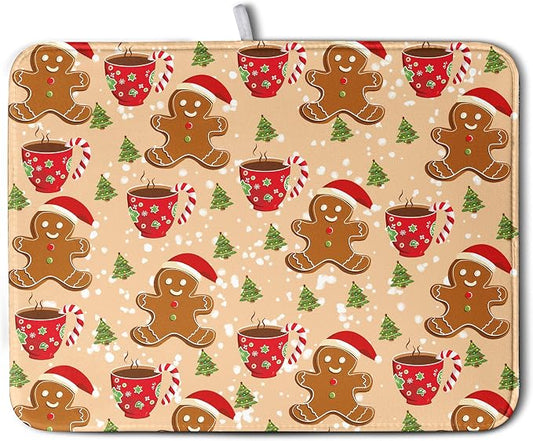 Cute Gingerbread Man Xmas Dish Drying Mat, Absorbent Dish Pad, 18x24 inch