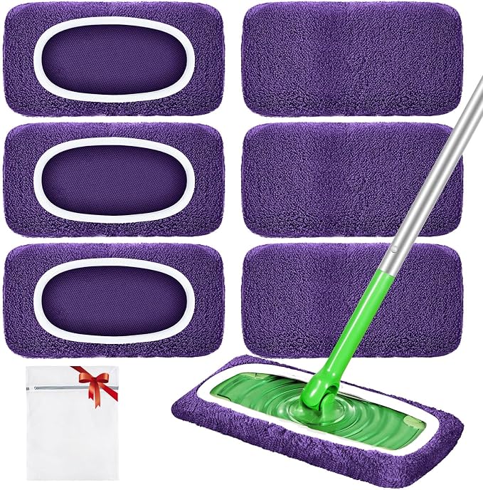Reusable Mop Pads Compatible with Swiffer Sweeper Mop, Microfiber Wet Pads Refill & Machine Washable Dry Sweeping Cloths for Use on All Sealed Floors - Stone, Hardwood, Laminate & Tile (6 Purple)