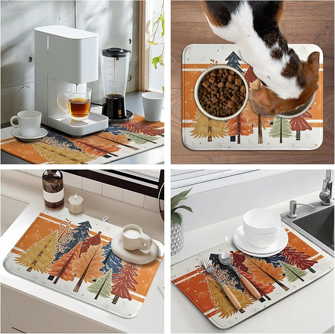 Fall Maple Tree Dish Drying Mats Thanksgiving Dish Mat Colorful Autumn Drying Matt Dishes Dryer Pad for Kitchen Counter Absorbent Microfiber Washable Foldable Reusable 18x24 in