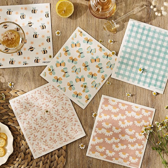 RECYCO Swedish Dishcloths for Kitchen | 5 Pack Gingham Flutter Washable Dish Rags | Cellulose Reusable Cleaning Paper Towels | Absorbent Counter Dish Cloth Sponge Kitchen Wipes, 8" L x 7" W