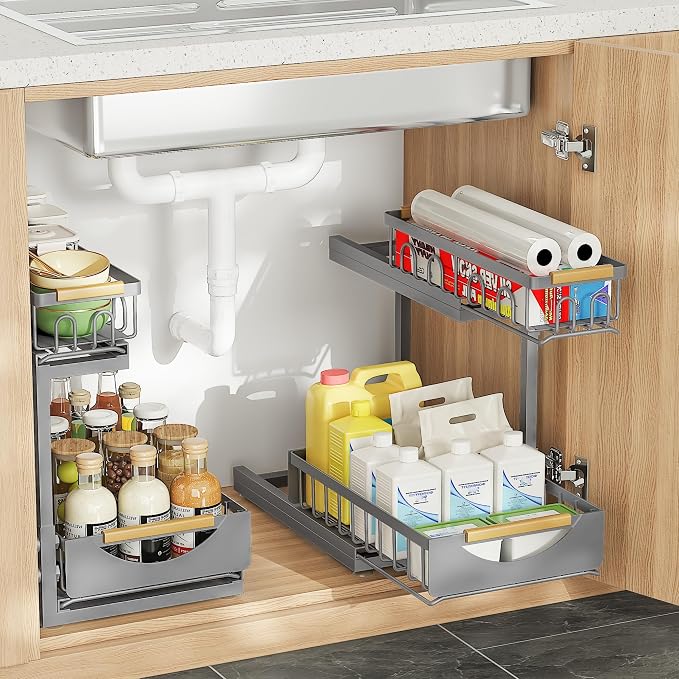2 Pack 2 Tier Under Sink Organizer and Storage for Bathroom and Kitchen - Under Cabinet Pull Out Shelf Organizers - Sliding Out Drawer Organization for Home Cabinets Shelves and Drawers