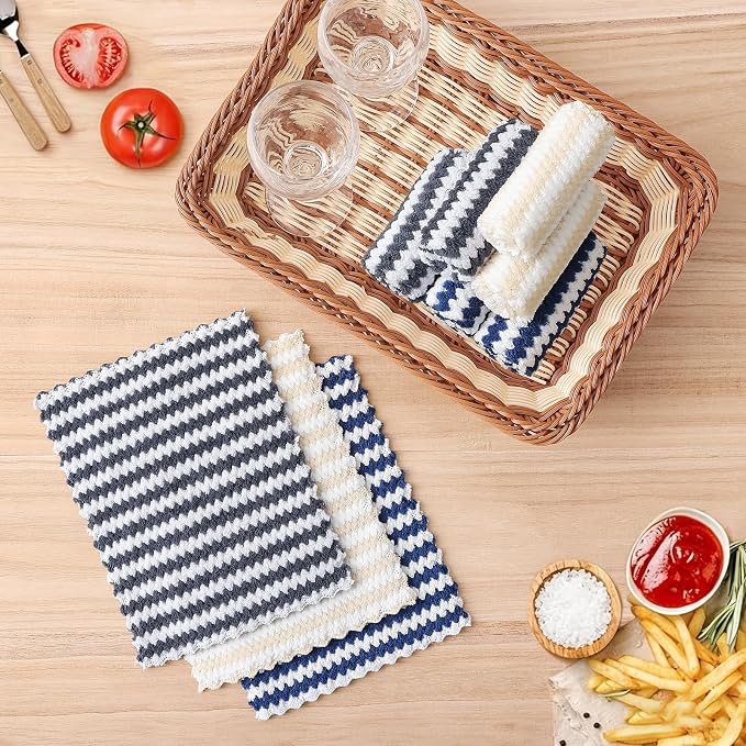Homaxy 12 Pack Kitchen Dish Cloths, Ultra Soft and Absorbent Dish Towels, Reusable Fast Drying Microfiber Cleaning Cloth, Coral Velvet Wave Design No-lint, 7 x 9 inches, Dark Grey/Navy Blue/Beige