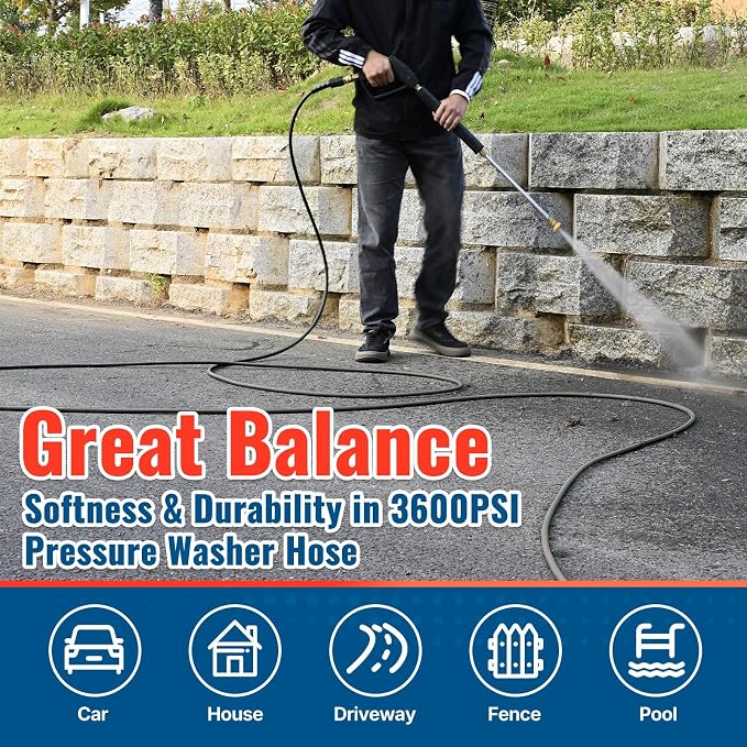 YAMATIC 3600PSI Pressure Washer Hose For Power Washer 25FT X 1/4", Kink Resistant Heavy Duty Power Washer Extension Replacement Hose With M22-14mm x 3/8" Quick Connect Kit For Gas & Electric