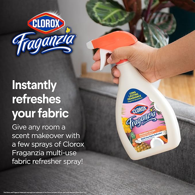 Clorox Fraganzia Refresher Spray, Hawaiian Escape Scent - Multi-Use Fabric and Linen Freshener, Odor Eliminator for Home, Couches, Curtains, and Upholstery, 22 Fl Oz