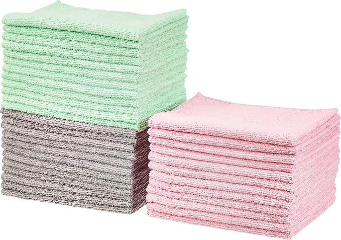 Amazon Basics Microfiber Cleaning Cloths, Ultra Absorbent, Scratch Free, Non-Abrasive, Reusable and Washable, All-Purpose, Car Detailing, 16" x 12", Green/Gray/Pink, 36-Pack
